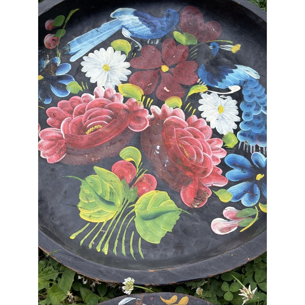 Vintage Mexican Hand-Painted Wooden Batea Bowl • Set Of 4 Peacocks Flowers - Picture 2 of 11